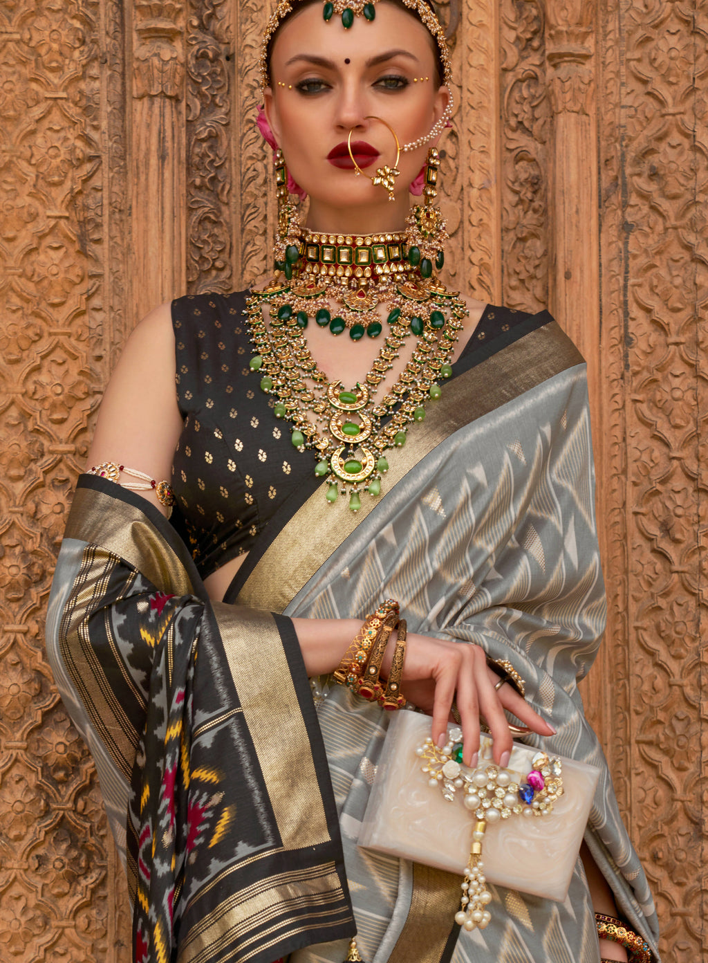 Grey Silk Geometric Printed Saree With Unstitched Blouse Piece - Aanchal | Grocsy