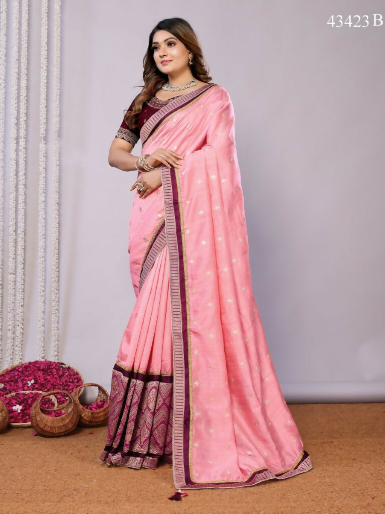 Pink Tusser Silk Zari And Sequins Embroidery Saree - Norita Saumya | Grocsy