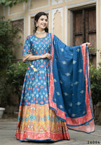 Wedding Designer Blue Soft Dola Silk Anarkali suit with Dupatta - Samanta | Grocsy