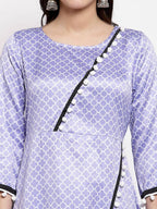 Myshka Women's Purple Silk Printed 3/4 Sleeve Round Neck Casual Anarkali Kurta Dupatta Set | Grocsy