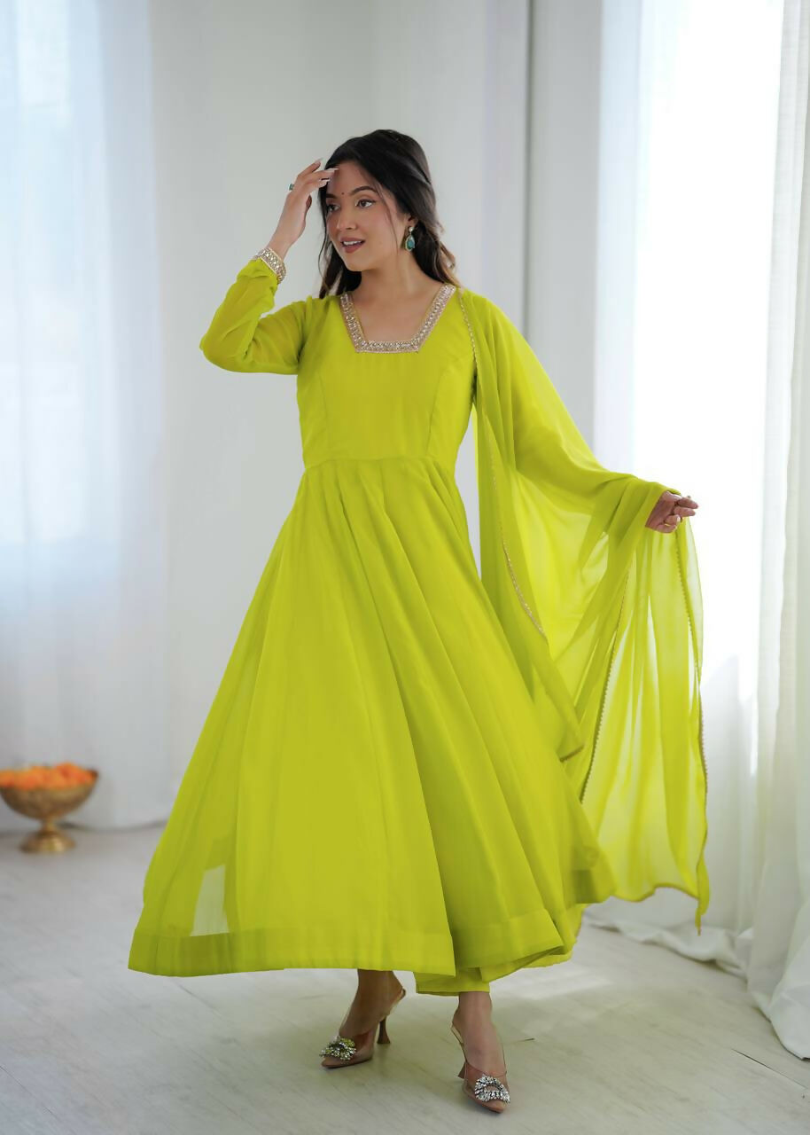 Teeya Creation Women'S Lime Parrot Green Solid Flared Anarkali Kurta With Dupatta Set | Grocsy
