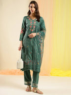 Green Chinon Embroidered Straight Kurta with Trouser & Dupatta - Salimar | Grocsy