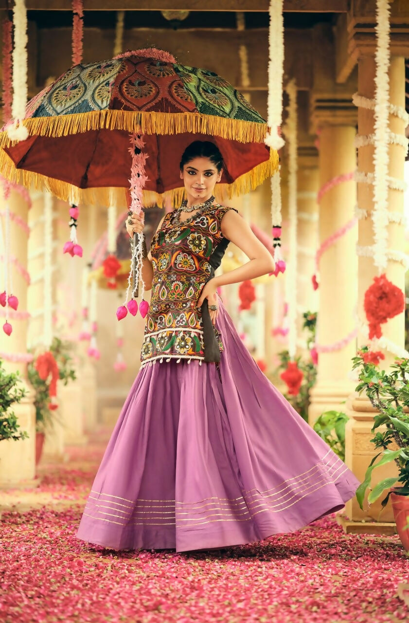 Teeya Creation Lavender Colour Rayon Silk Embroidery Work Fully Stitched Navratri Lehenga | Grocsy