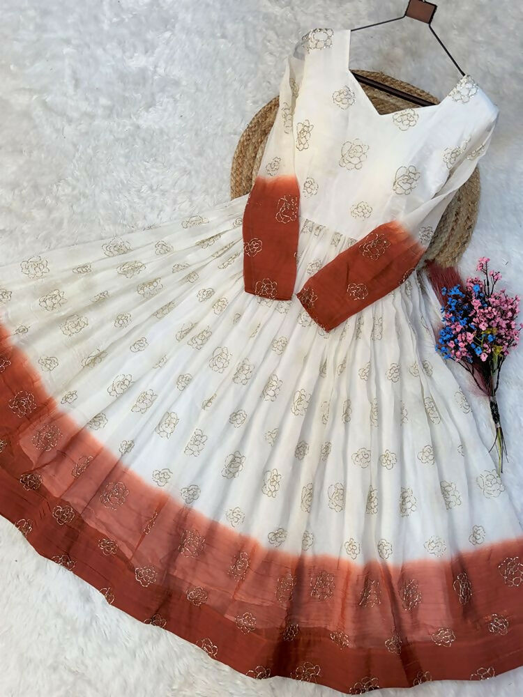 Teeya Creation Rust and White Gradient Anarkali Gown with Gold Floral Motifs | Grocsy