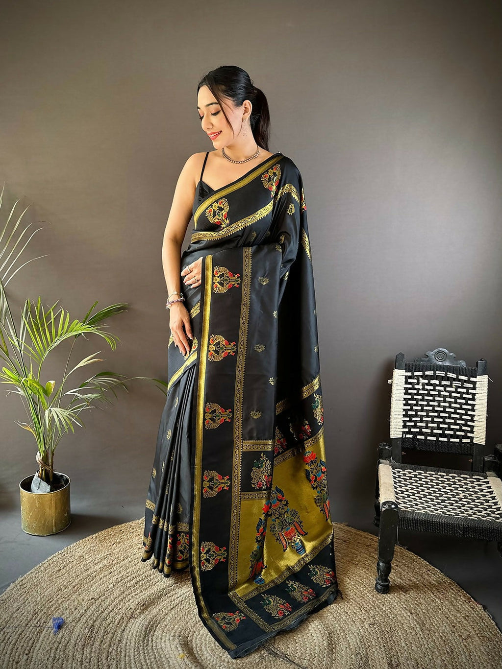 Joban Fashion Black Meenakari Weaving Paithani Sarees | Grocsy