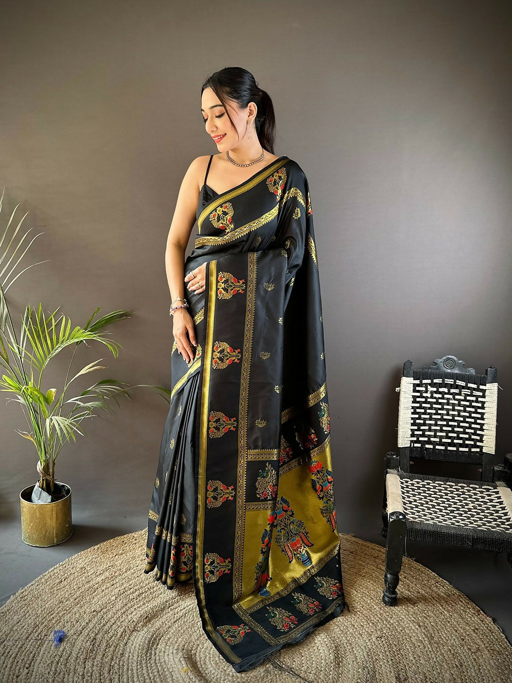 Joban Fashion Black Meenakari Weaving Paithani Sarees | Grocsy