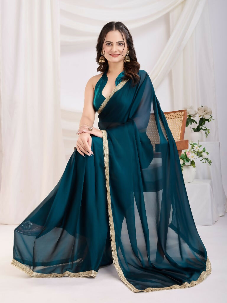 Teal Blue Rangoli Silk Solid, Lace Border Ready To Wear Saree - Kashvi | Grocsy
