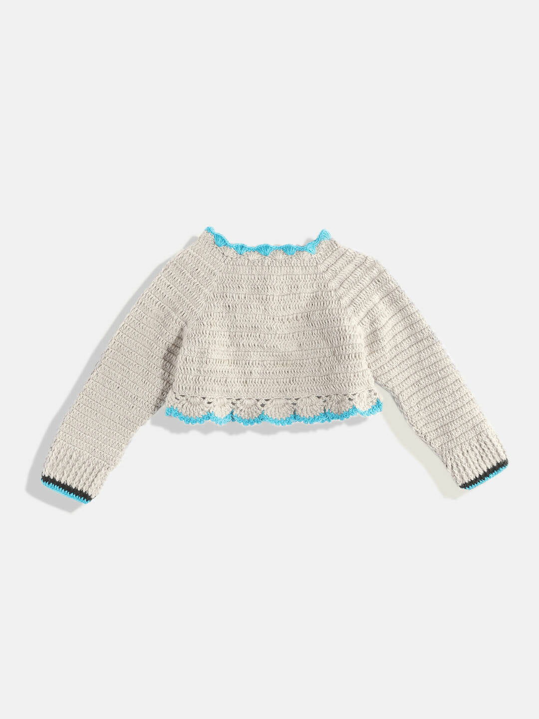 Chutput Kids Woollen Hand Knitted Full Sleeves Cardigan With Short Sleeves Flower Work Dress For Baby Girls - Grey | Grocsy