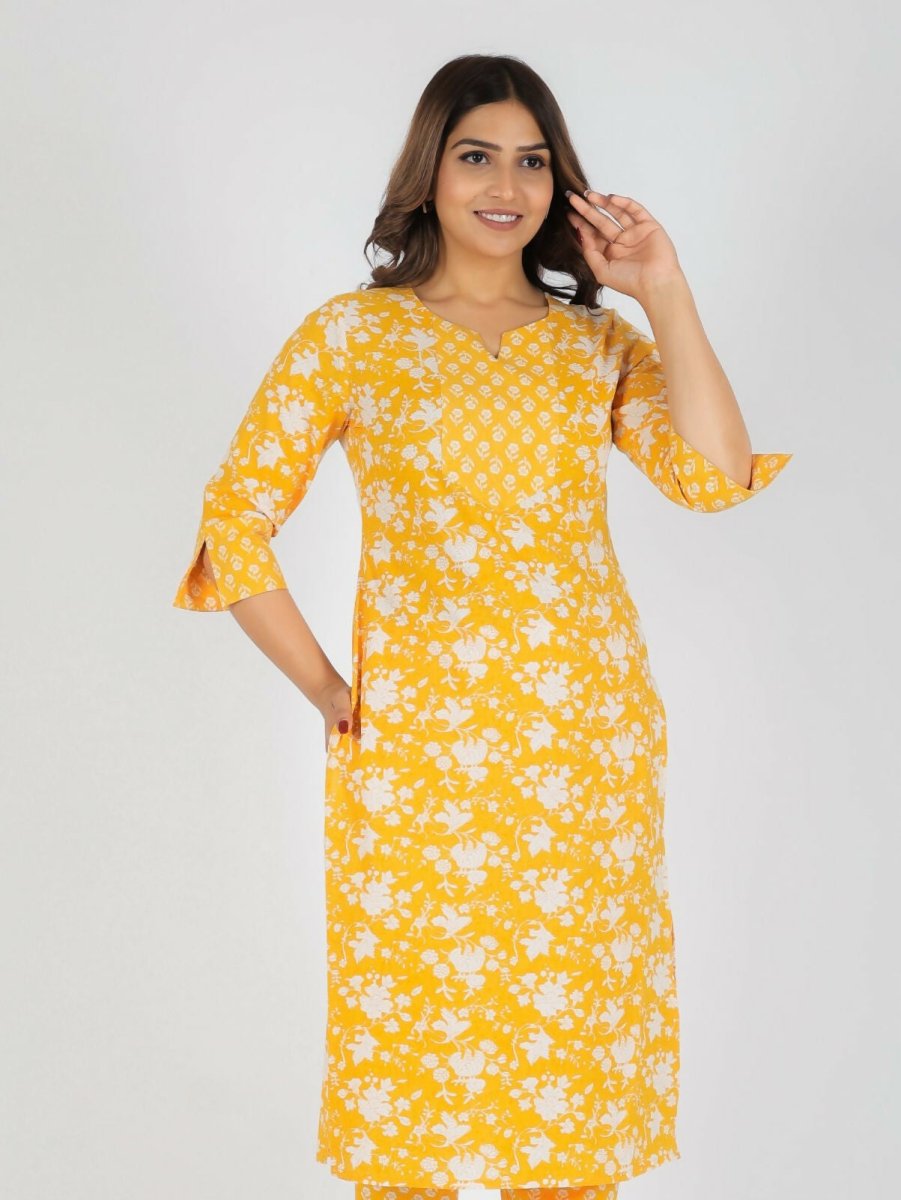 Aramya Yellow Soft Cotton Floral Straight Kurta for Women | Grocsy