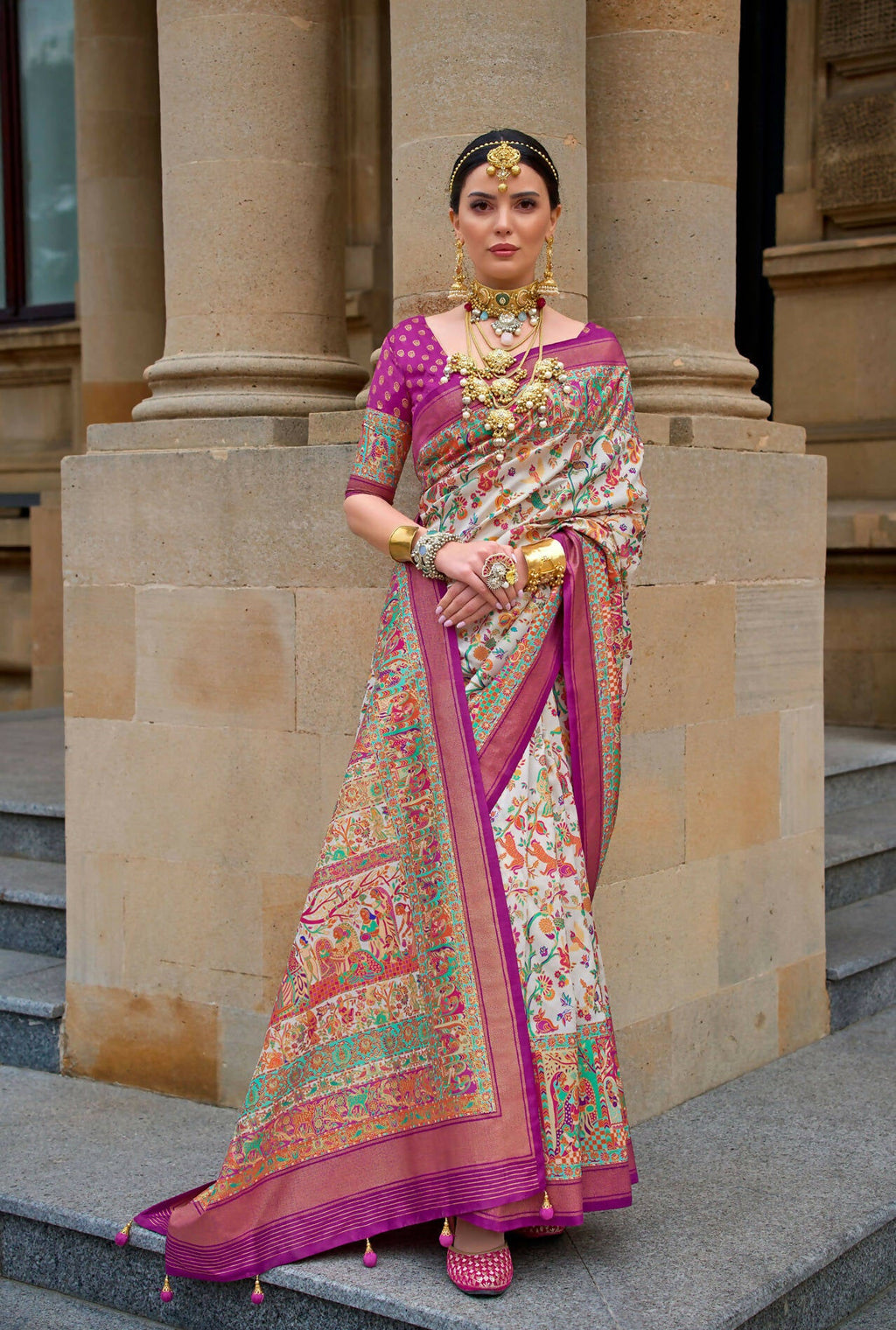 Contessa Pink& White Superior V.P.Silk Woven Printed Patola Silk Saree - Rewaa Milano | Grocsy