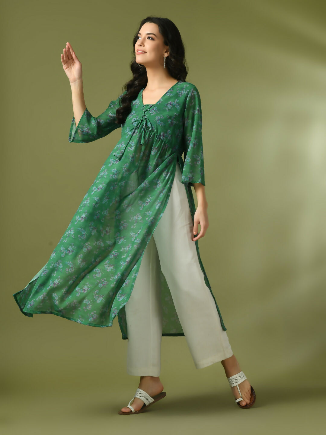 Myshka Women's Green Printed Georgette A-Line Nyra-cut Kurta | Grocsy