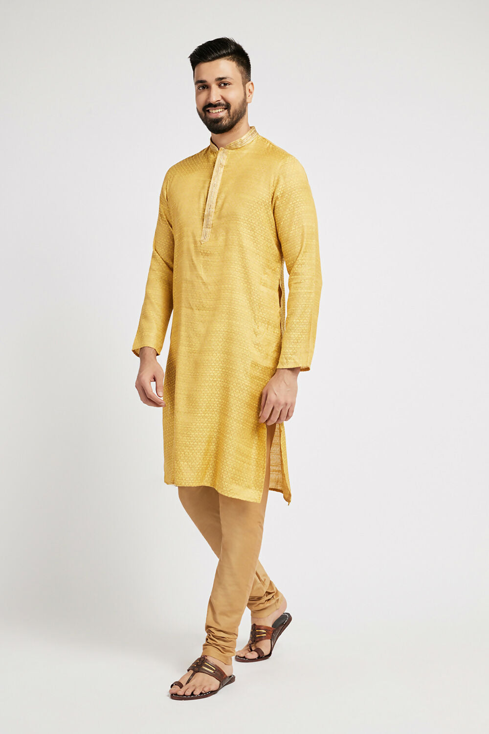 Ethnic India Yellow Men's Kurta Woven Design Polyester | Grocsy