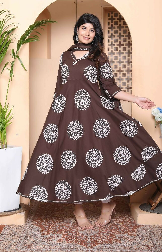 Miravan Womens Brown Animal Printed Anarkali Kurta With Dupatta Set | Grocsy