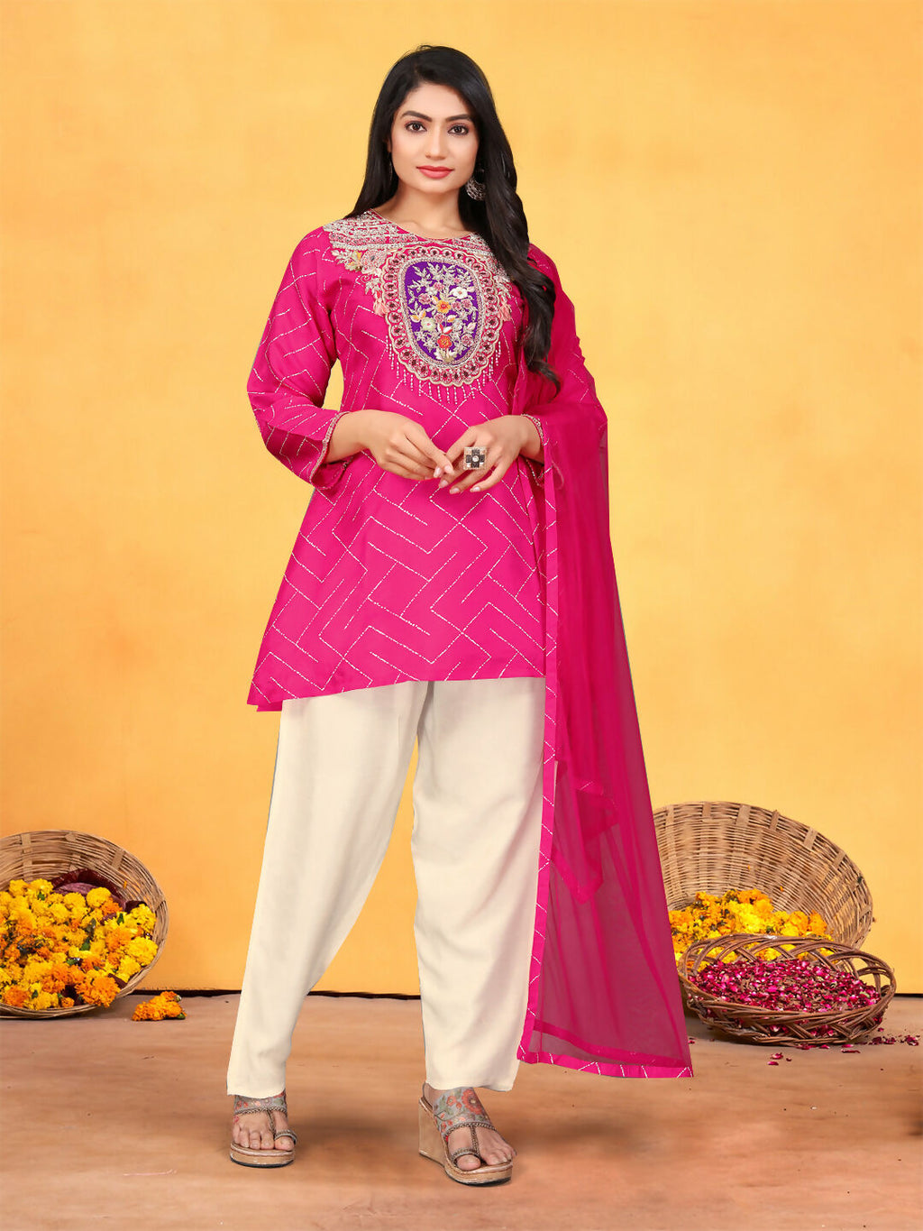 Joban Fashion Rani Cotton Premium Pure Viscose Print Dola With Handwork Kurta set | Grocsy