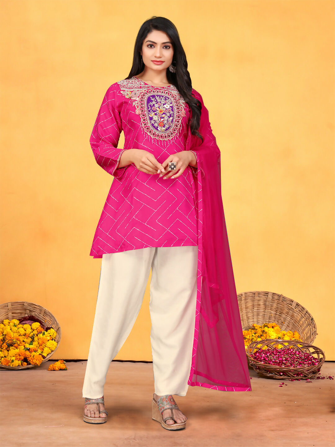 Joban Fashion Rani Cotton Premium Pure Viscose Print Dola With Handwork Kurta set | Grocsy