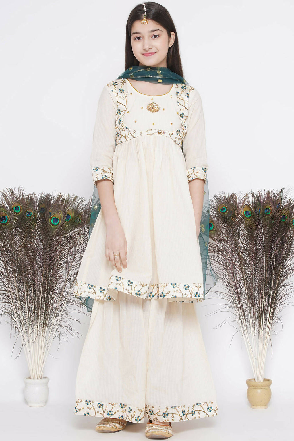 Little Bansi Blue Floral Embroidery Jacket with Cotton Kantha Frock Sharara and Dupatta with Ghungroo Handwork - Cream | Grocsy