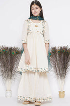 Little Bansi Blue Floral Embroidery Jacket with Cotton Kantha Frock Sharara and Dupatta with Ghungroo Handwork - Cream | Grocsy