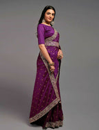 PR Fashion Wine Chinon Embroidery Lace Saree | Grocsy