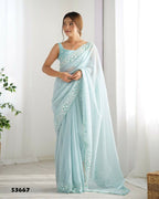Georgette Designer Sequance Embroidery Work Party Wear Saree - Sky Blue | Grocsy