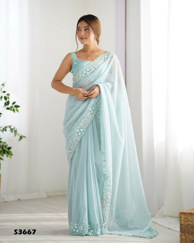 Georgette Designer Sequance Embroidery Work Party Wear Saree - Sky Blue | Grocsy