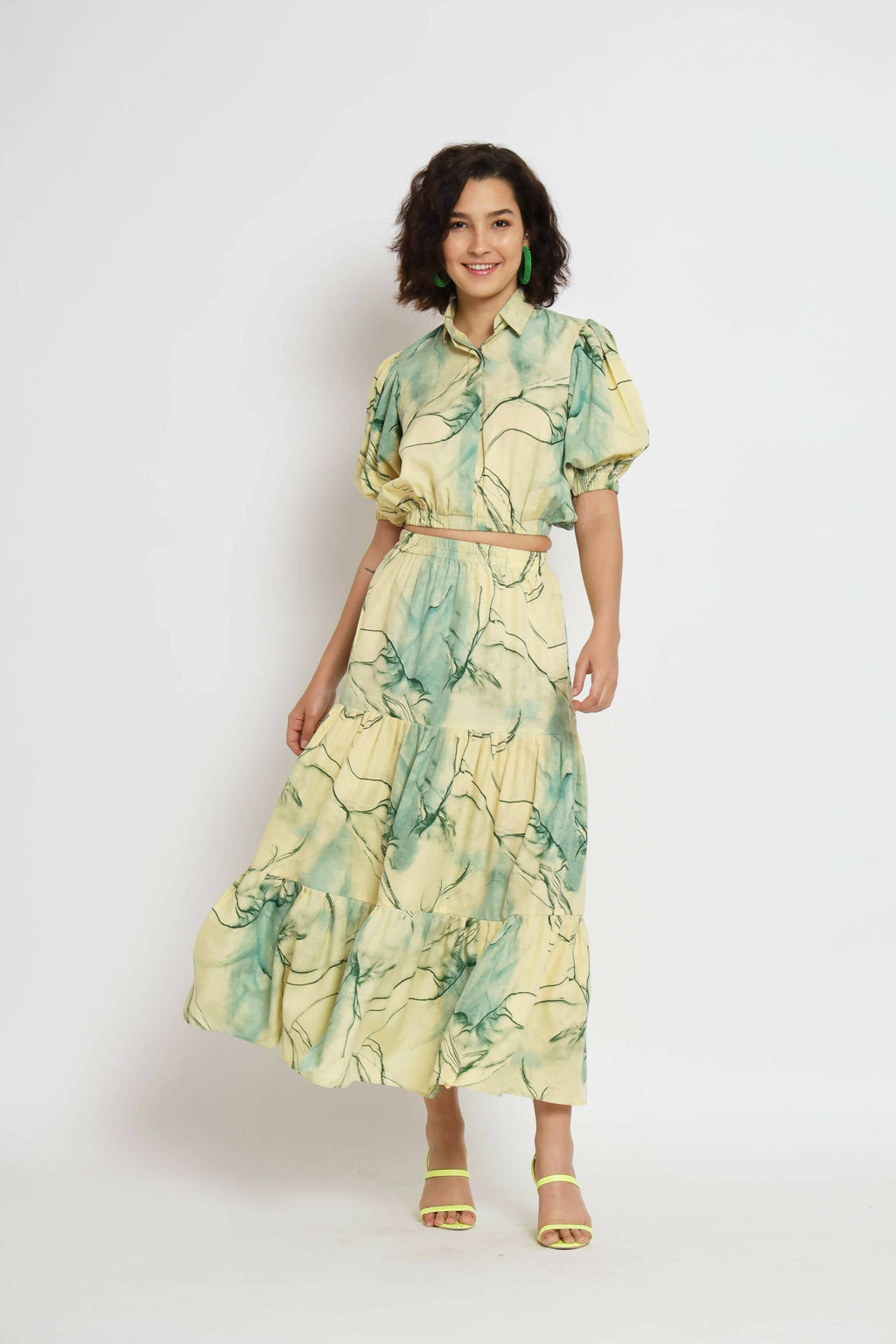 Green Rayon Tie dye Printed Top with Matching Skirt - Shivani | Grocsy