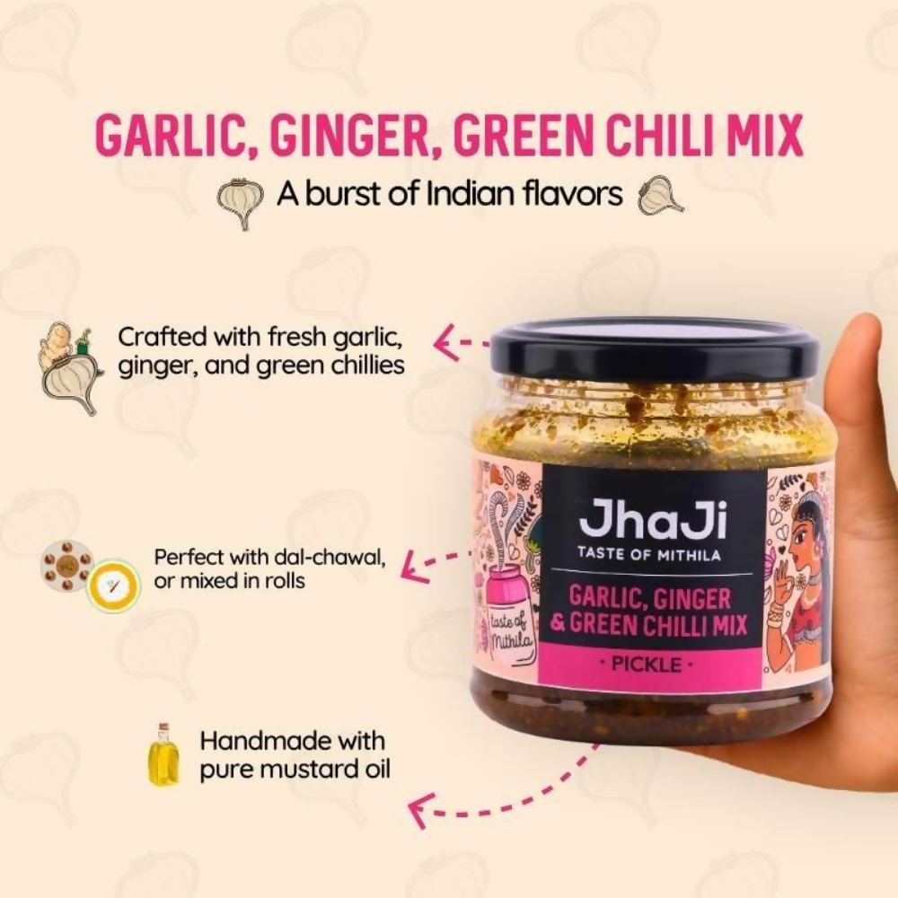 Jhaji Taste of Mithila Garlic, Ginger, Chilli Mix Pickle | Grocsy