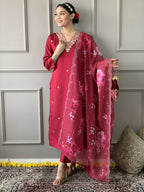 Rani Pink Viscose Chanderi Stitched Suit With Dupatta - Tanisha | Grocsy
