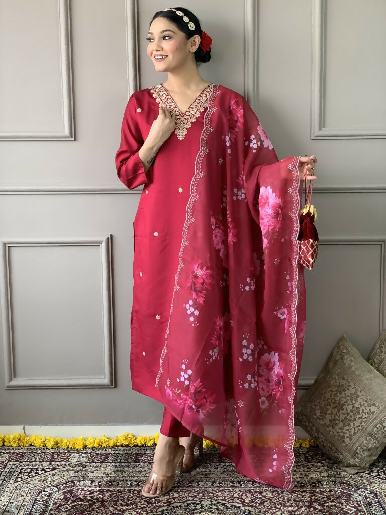 Rani Pink Viscose Chanderi Stitched Suit With Dupatta - Tanisha | Grocsy