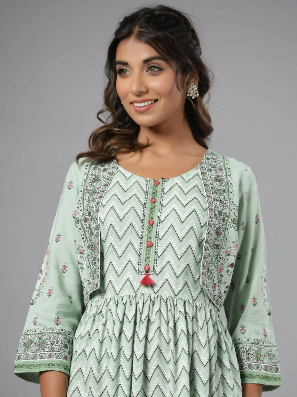 Juniper Women Sage Green Rayon Printed Jacket Style Midi Dress | Grocsy
