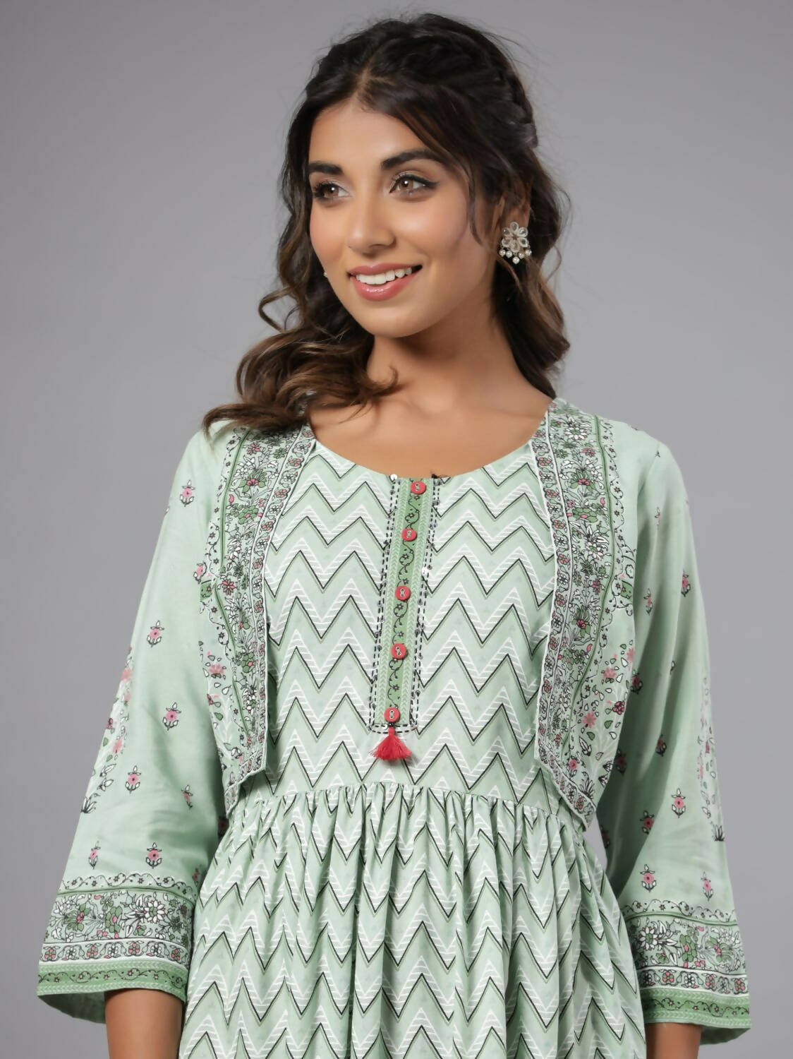Juniper Women Sage Green Rayon Printed Jacket Style Midi Dress | Grocsy