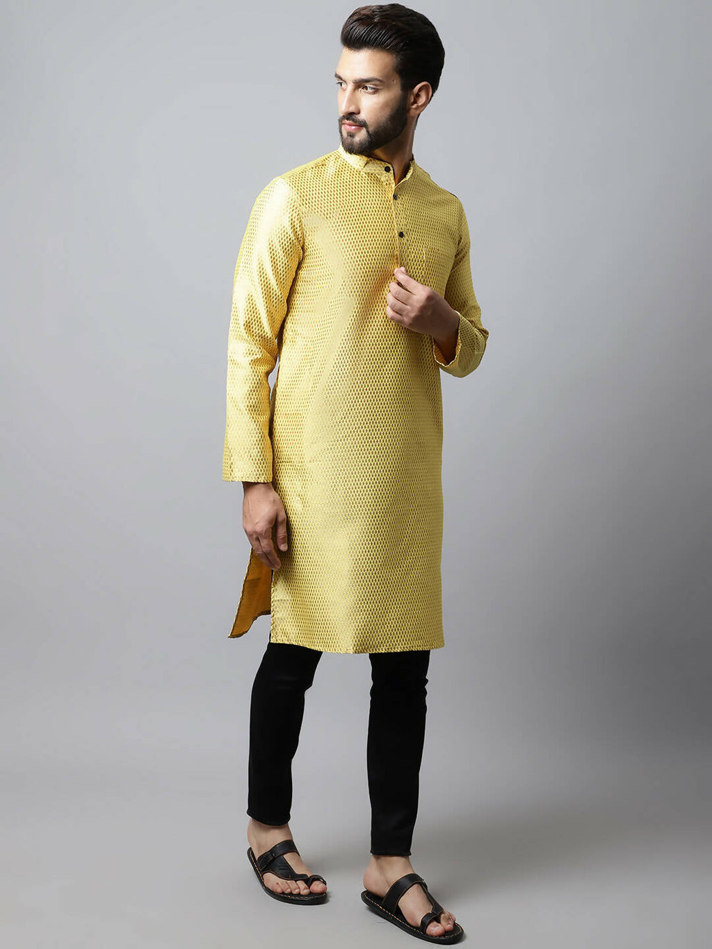 Even Apparels Yellow Color Art Silk Banarsi Silk Men's Kurta With Band Collar (BS017) | Grocsy