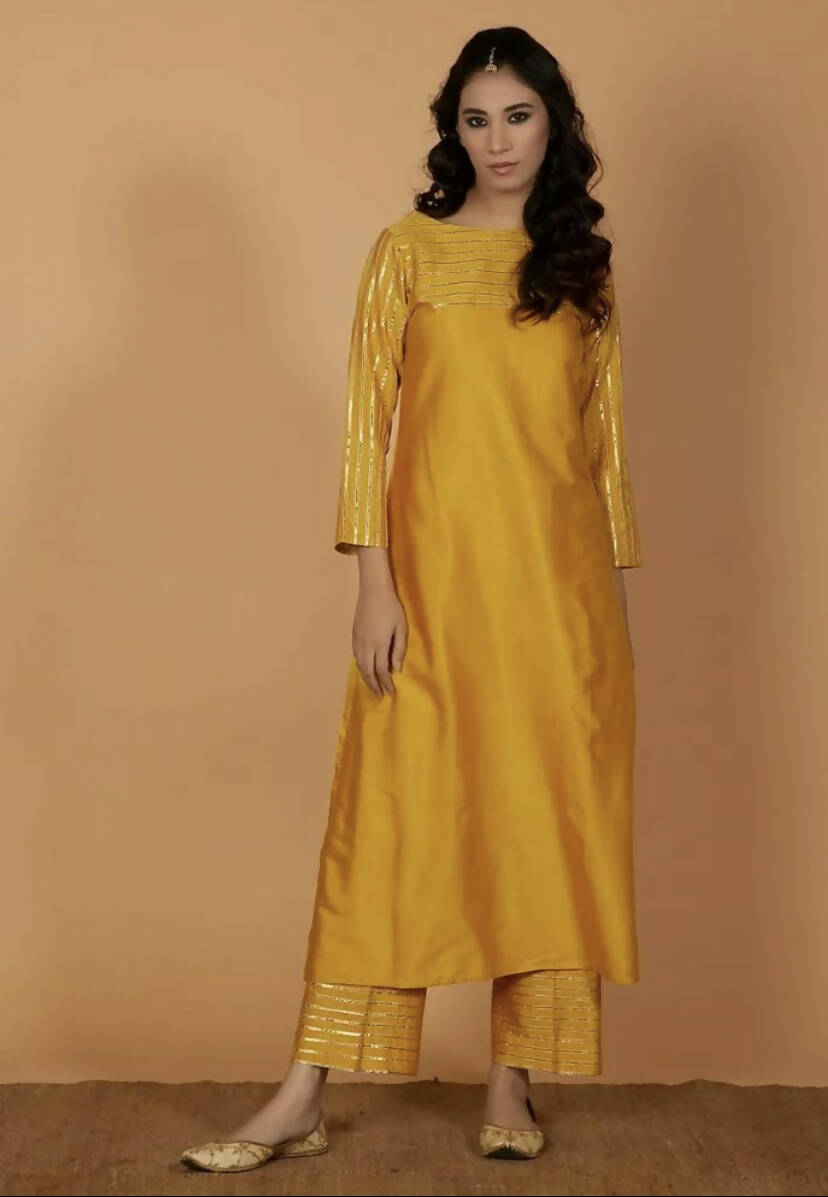 Cheera Women's Silk Blend Fancy Mustard Kurta Palazzo Set | Grocsy