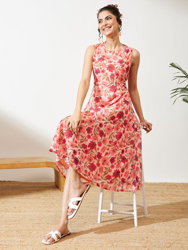 Janasya Peach Flared Georgette Dress | Grocsy