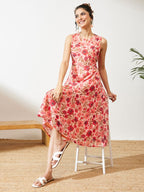 Janasya Peach Flared Georgette Dress | Grocsy