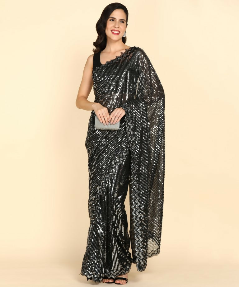 Dishitha Creation Indian Women's Designer Georgette Sequence Saree - Black | Grocsy