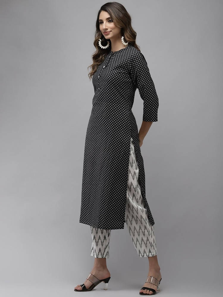 Yufta Women Black Ethnic Motifs Printed Regular Pure Cotton Kurta with Trouser & With Dupatta | Grocsy
