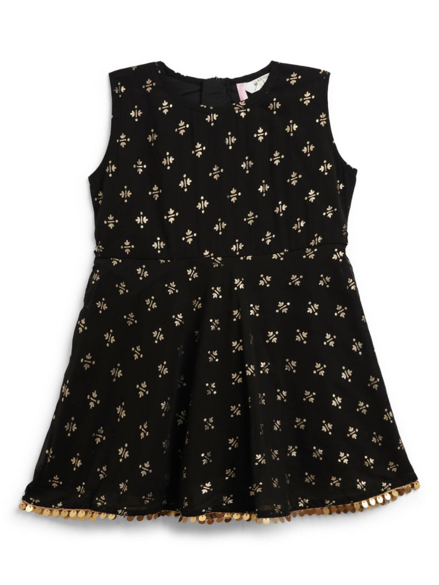 Ahalyaa Black Georgette Gold Foil Print Kids Peplum style Kurta Sharara Set With Dupatta For Girls | Grocsy