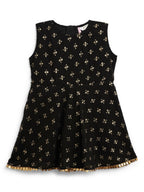 Ahalyaa Black Georgette Gold Foil Print Kids Peplum style Kurta Sharara Set With Dupatta For Girls | Grocsy