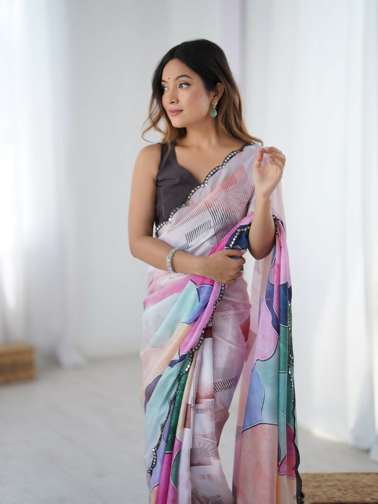 Multi Chinon Designer Digital Printed,Mirror Cut Work Saree - Sohni | Grocsy