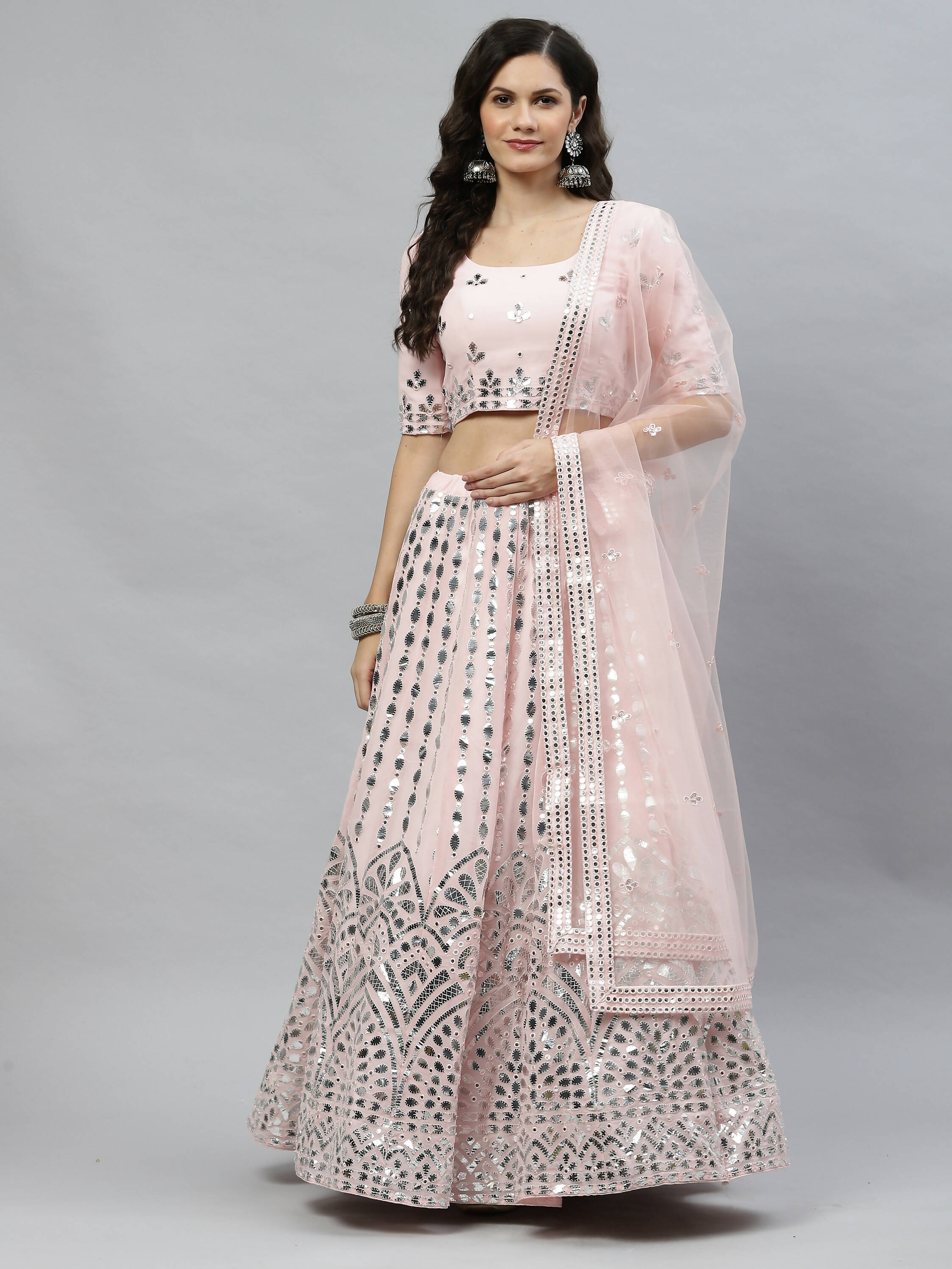 Pink Georgette Paper Mirror Embroidery Work Lehenga Choli with Dupatta - Jivika | Grocsy