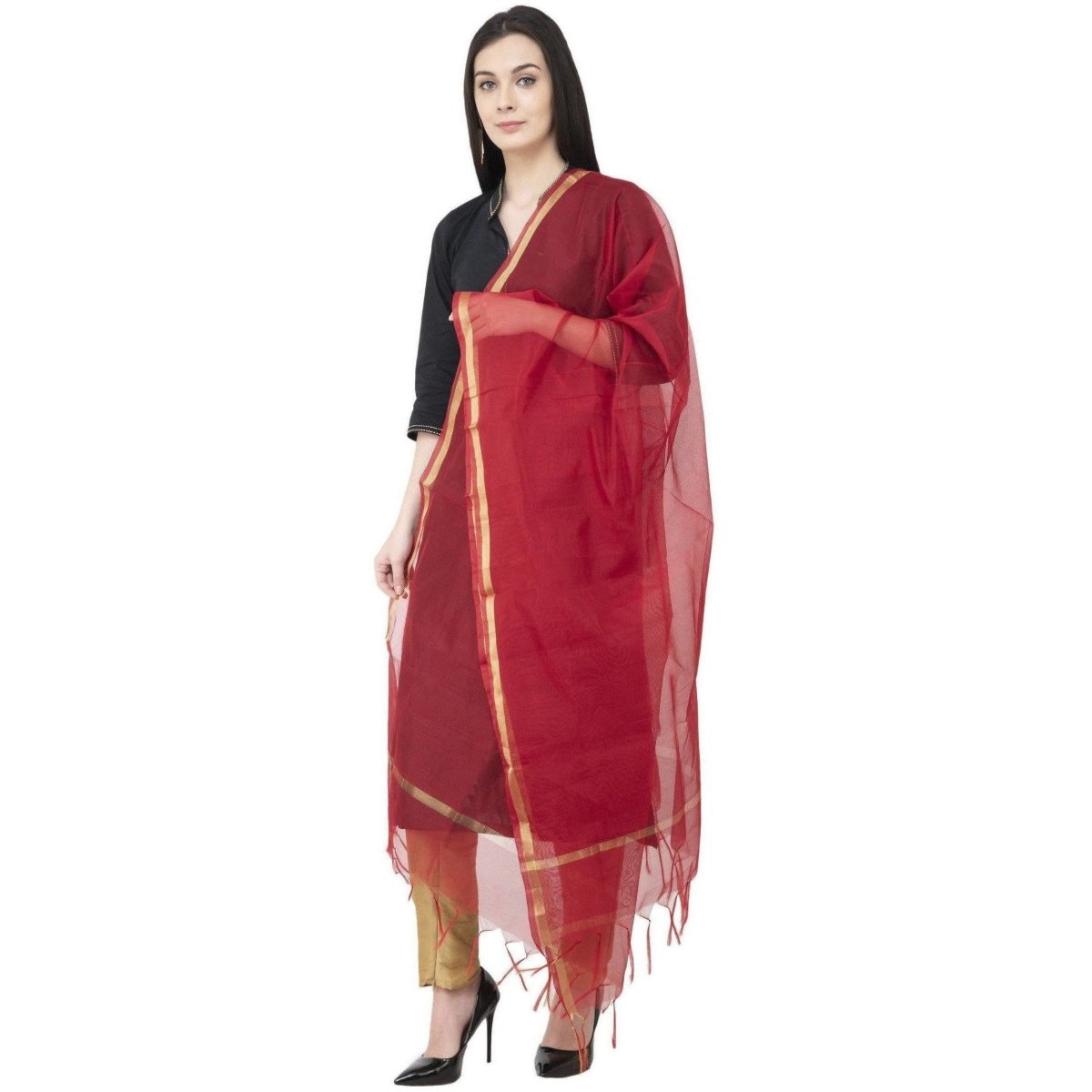 A R Silk Chanderi Piping Regular Dupatta Mehroon Color Dupatta or Chunni | Grocsy