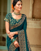 Blue Vichitra Stone Work Saree With Unstitched Blouse Piece - Rosy | Grocsy