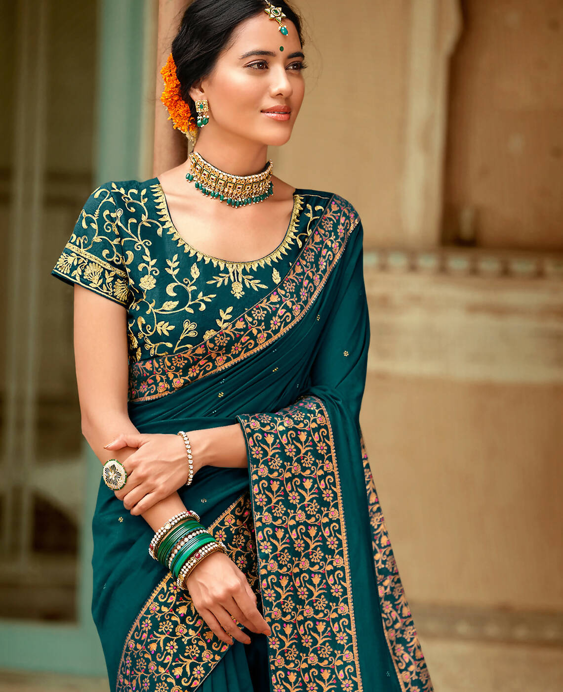 Blue Vichitra Stone Work Saree With Unstitched Blouse Piece - Rosy | Grocsy