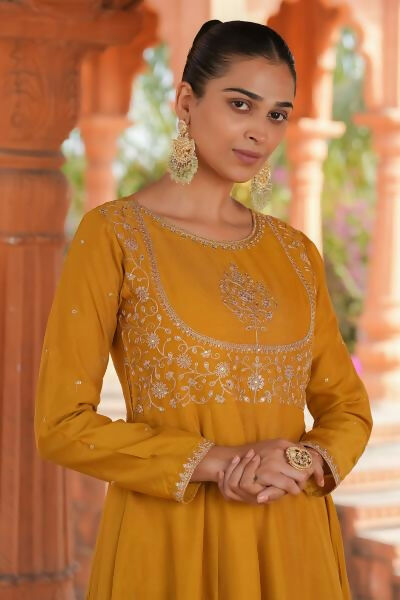 The52 Women's Beautiful Vichitra Silk Fabric Embroidery Work Flared Anarkali Pant and Dupatta Set | Grocsy