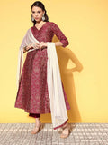 Ahalyaa Women's Wine Colour Poly Silk Gold Paste Printed Kurta Pant Set | Grocsy