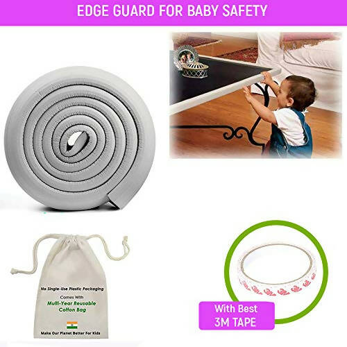 Safe-O-Kid Unique High Density L-Shaped 2 Mtr Long Mini 4 Edge Guard With 16 Corner Cushions - Grey | Grocsy