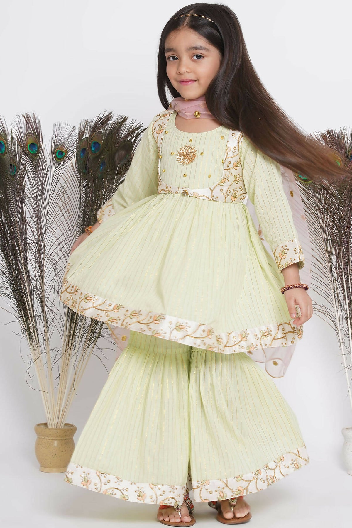 Little Bansi Floral Embroidery Jacket With Cotton Lurex Frock Sharara And Dupatta With Ghungroo Handwork - Bottle Green | Grocsy