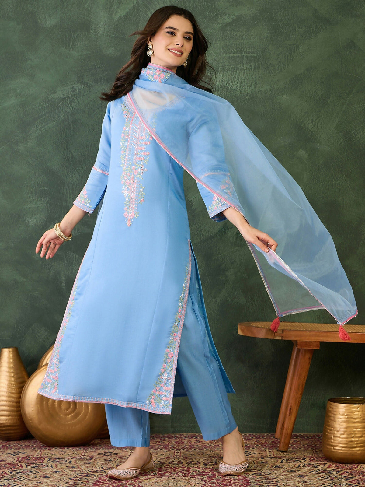 The52 Women's Gorgeous Embroidery Work Viscose Silk Fabric Straight Kurta Pant and Dupatta Set-Sky | Grocsy