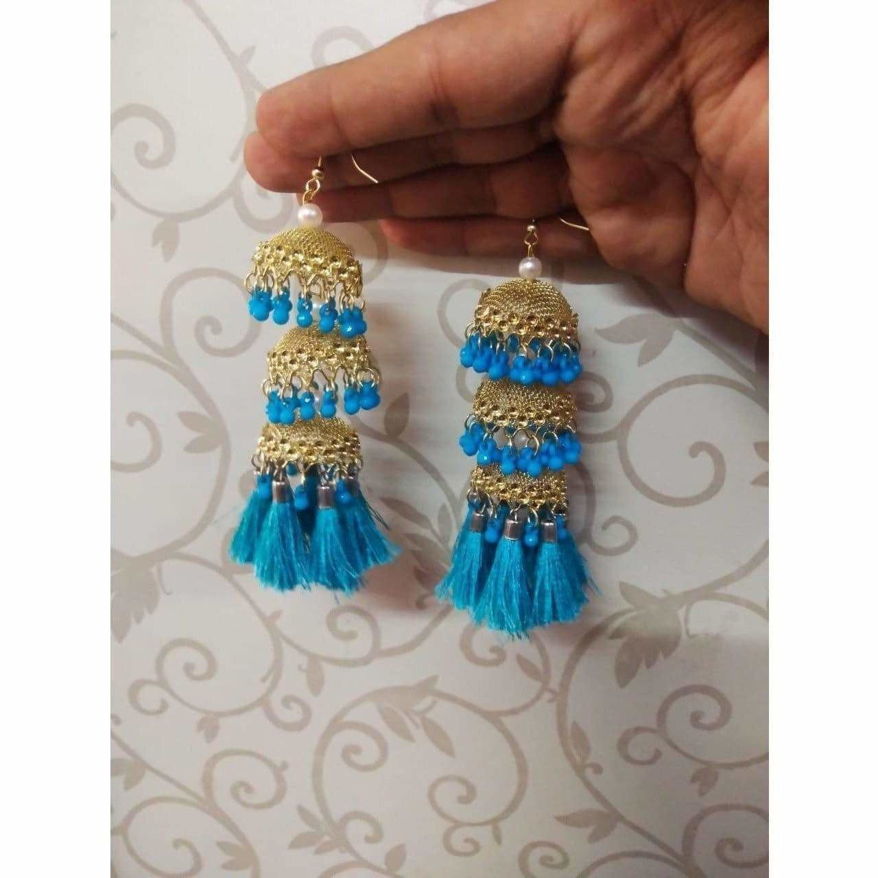 MS Fashion India Gold Color Jhumkas With Blue Color Pearls And Silk Threads Earrings | Grocsy