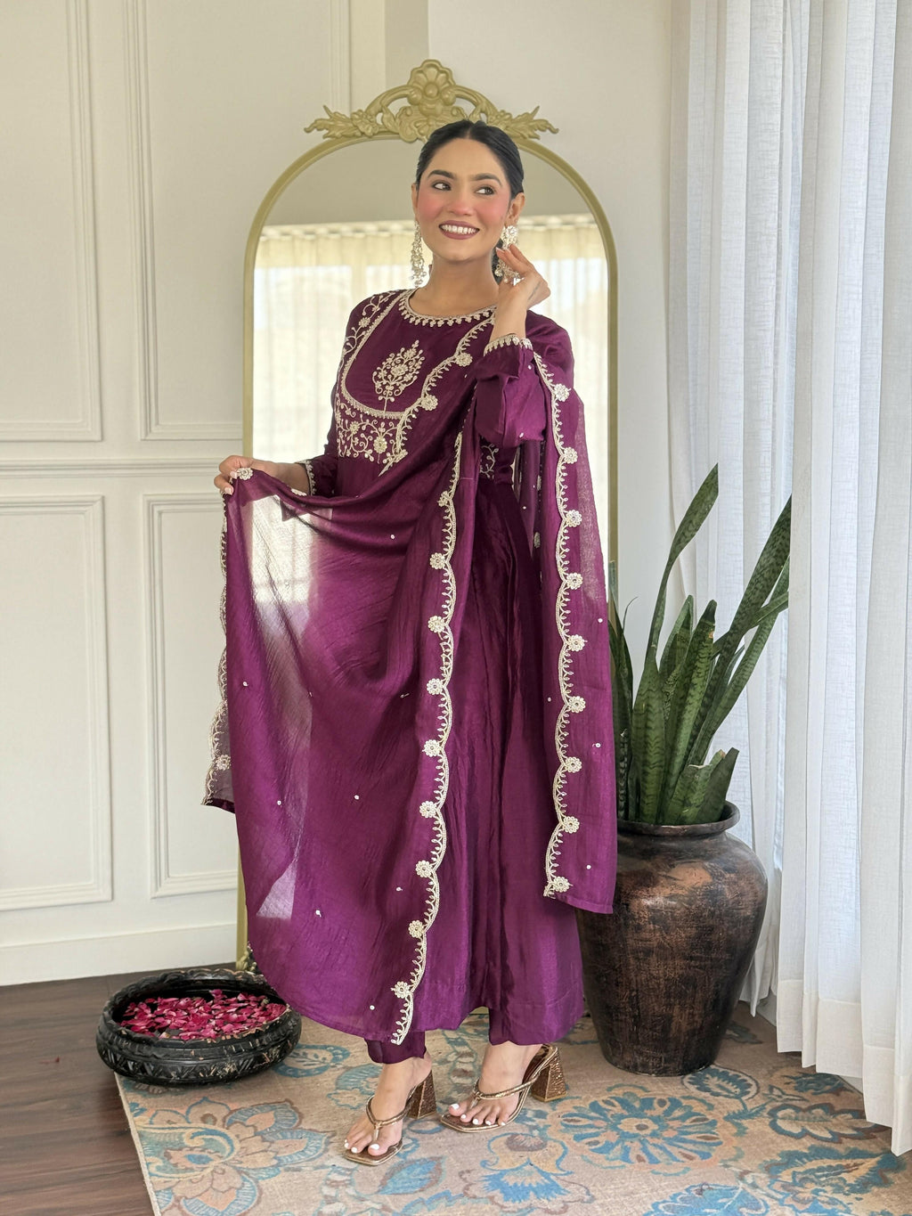 The52 Purple Women's Gorgeous Embroidered Vichitra Silk Fabric Flared Kurta Pant with Dupatta Set | Grocsy